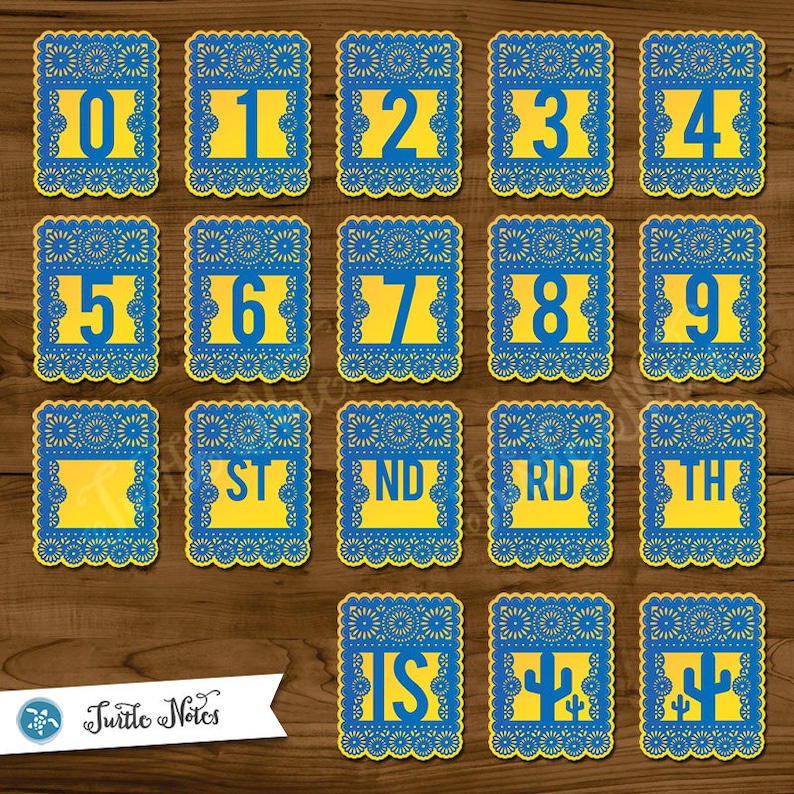 Printable Banner All Letters 0-9 numbers Large Blue /& Yellow Papel Picado