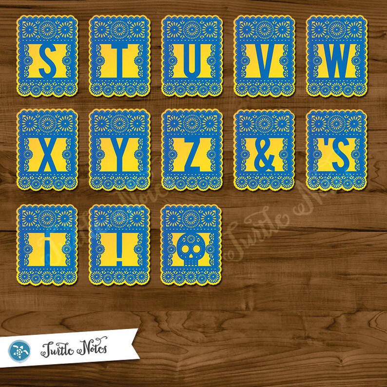 Printable Banner All Letters 0-9 numbers Large Blue /& Yellow Papel Picado