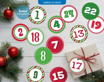 Large Christmas 24 Countdown Gift Tags: Red & Green Printable Stickers (Digital Download) CT012