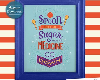 Spoon Full of Sugar Purple & Orange : Hand Lettered Printable 8 x 10 Home Decor, Wall Art Print Quote