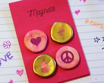 Peace, Love, Unicorns & Flamingos Bottle Cap Magnets | Set of 4 | Hand Crafted