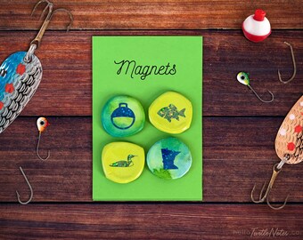 Minnesota Fishing Themed Bottle Cap Magnets #04 | Set of 4 | MN Gift | Hand Crafted | BCM306