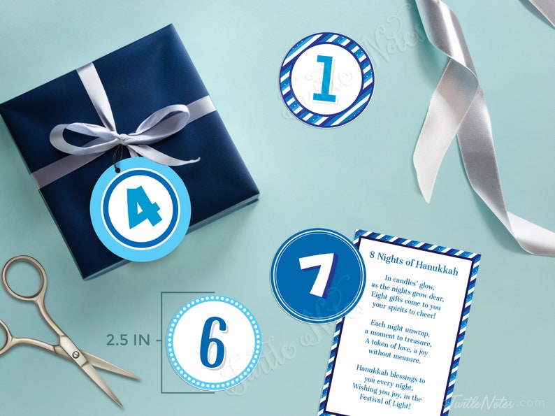Blue 8 Days of Hanukkah Gift Tags with Gift Poem Digital Printable Tags, Labels, or Stickers for 8 Days of Christmas Gifts CT012 image 2