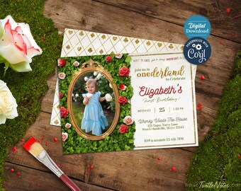 Invitación de cumpleaños de Alicia en el País de las Maravillas: Pinta las rosas de rojo, marco de fotos (descarga digital, editable en Corjl)