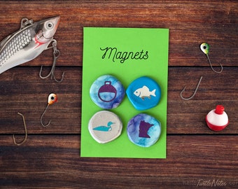 Minnesota Fishing Themed Bottle Cap Magnets #12 | Set of 4 | MN Gift | Hand Crafted | BCM306