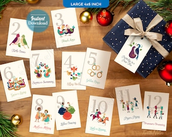 May include: Twelve printable cards featuring illustrations of the Twelve Days of Christmas. Each card has a number, a title, and a colorful illustration. The cards are printed on white cardstock and are 4x6 inches in size.