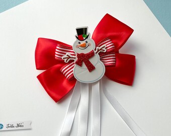 Red & White Striped Ribbon Snowman Hair Bow | 3in French Barrette | Hand Crafted