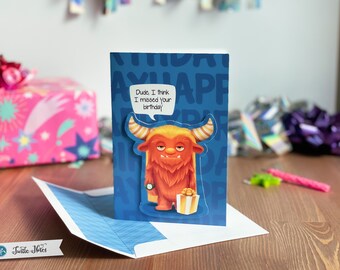 Tarjeta divertida de cumpleaños atrasado / Monstruo "meh", cumpleaños tardío