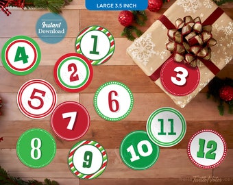 Large Christmas 12 Countdown Gift Tags: Red & Green Printable Stickers (Digital Download) CT012