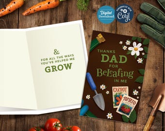 Tarjeta editable para el Día del Padre con diseño de jardín: Diseño de juego de palabras con plantas (Imprimible, editable en Corjl)