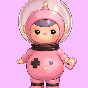 Pode incluir: Ilustração de desenho animado de uma figura de astronauta rosa com um capacete de bolha transparente, segurando um pequeno console de jogos portátil. A figura tem uma gola preta e um botão em forma de cruz no peito. O fundo é lilás claro sólido.