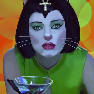 May include: Digital illustration of a woman with cat ears and a gold ankh on her forehead, holding a martini glass. She wears a green top, black gloves, and has white whiskers. The background is a blurred orange and yellow.