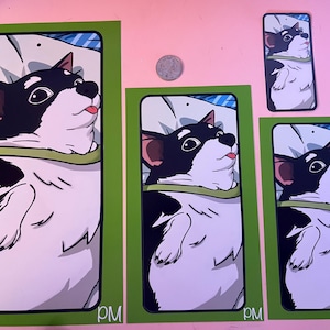 May include: Four rectangular stickers of varying sizes featuring a cartoon illustration of a black and white dog lying on its back with its tongue sticking out. Each sticker has a green border and the letters pm in the bottom right corner.