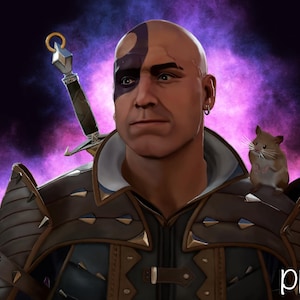 May include: A bald man with a yin-yang symbol painted on his face wears a dark brown leather jacket with a silver sword strapped to his back. A small brown hamster sits on his shoulder.