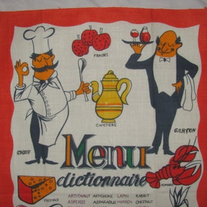 "Vintage ""Menu Dictionnaire"" Geschirrtuch - Französische und englische Wörter für Lebensmittel, Illustrationen von Obst, Gemüse und Koch."