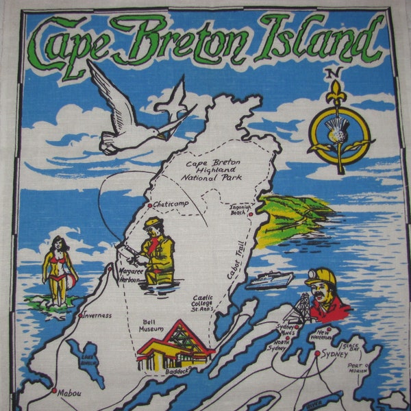 Vintage Canada Souvenir Tea Towel - Cape Breton Island - Map, Drawings - Maritimes