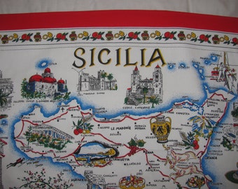 Vintage Extra Large Sicilia Souvenir Tea Towel or Wall Hanging - Map, Cities, Landmarks - Italy, Europe - Made in Egypt