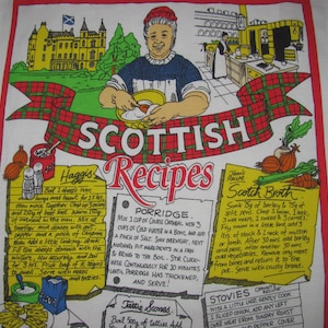 Vintage Schottland Souvenir Geschirrtuch - Schottische Rezepte - Haggis, Broth, Scones, Tablet, Shortbread