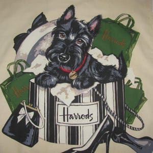 Torchon vintage en coton Harrods souvenir - Adorable terrier écossais avec design de sac à provisions Harrods - Chien