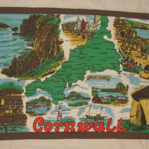 Torchon souvenir vintage Angleterre par Causeway - Cornouailles - carte, dessins des monuments