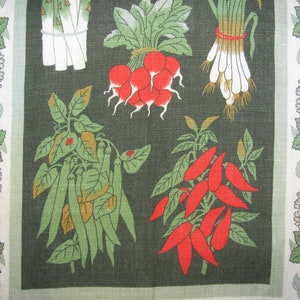 Vintage "Kitchen Garden" by Ulster Tea Towel - Green with Flowers and Vegetables - Made in Ireland - Irish Linen