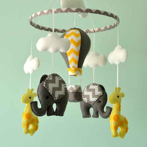 Baby Mobile - Elephant Giraffe Mobile - Hot Air Balloon - Yellow Grey Chevron - Nursery Mobile  - Baby Shower Gift - Made To Order