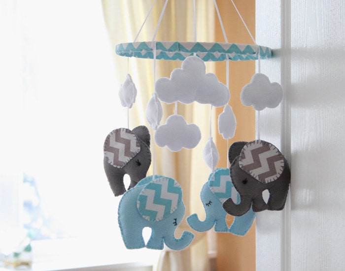 Blue Grey Baby Mobile / Nursery Elephant Boy Mobile / Felt