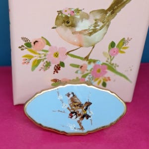 Stratton Chaffinch Design on Blue Enamel Background Lipview Holder and Mirror 1950&#39;s.  In Bird Gift Box. Ladies Vanity Essential