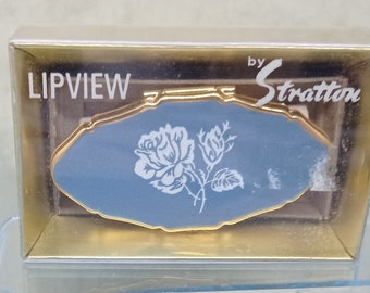 Stratton Floral Golden  Lipview Holder and Mirror 1970's.  Ladies Vanity Essential Made in England. In Original Gift Box.