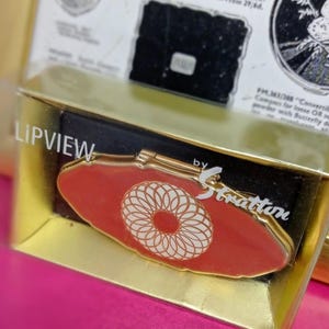 Stratton MCM Orange and Gold Lipview Holder & Mirror c1960&#39;s.  Ladies Vanity Essential Made in England. In the original gift box