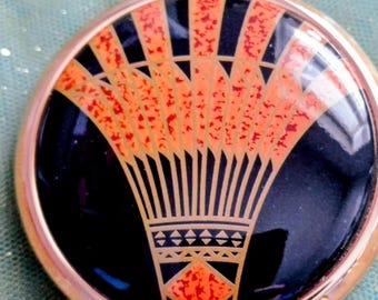 Éventail Art déco en orange et noir par Stratton. Poudre compacte avec miroir.  Idée cadeau de vanité pour elle.