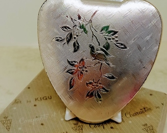 Love Birds Sterling Silver Powder Compact. Cherie Heart Design by Kigu of London 1960's. Ideal Gift for Her