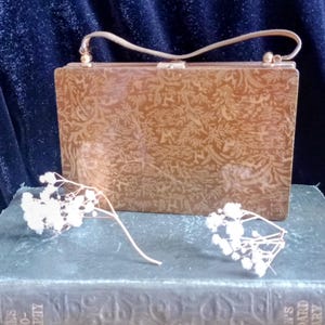 Gold Medieval Print Minaudière. Party Case with Powder Compact, Lipstick and Mirror Carry All.  c1940's