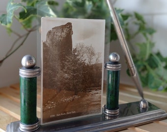 Photo and Pen Holder in Silver Plate. Art Deco Style. Desk Must Have. English Classic. Faux Jade Deatil.