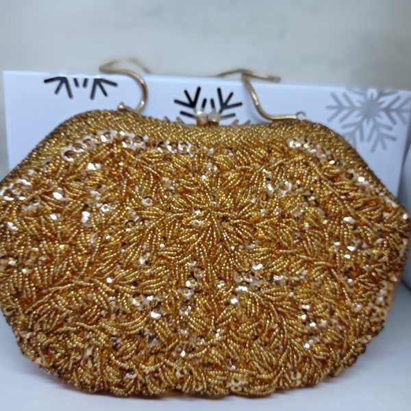Opulent Gold Beaded Mid Century Handbag and Purse.  Luxury Gold. Le Soir c1950s. True Vintage Bag Set. In GIft Box