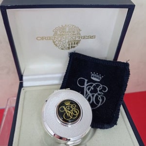 Venice Simplon Orient Express Pill Box. In Original Presentation Box.  By Stratton of England. Silver on Navy Luxurious Design.