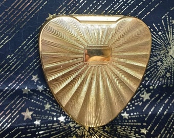 Golden Heart Shaped Powder Compact. With Original Carry Pouch. Cherie Design by Kigu of London 1950's. Ideal Gift for Her. Love Theme.