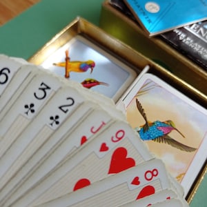 May include: A deck of playing cards fanned out, showing the red hearts suit. The cards are in a gold box with a blue lid that reads "PIATNIK". The card backs feature colourful bird illustrations.
