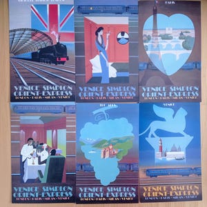 Zestaw sześciu pocztówek Venice Simplon Orient Express w etui prezentowym. Idealne do oprawienia. Autorstwa Pierre&#39;a Fix-Masseau, francuskiego plakacisty.