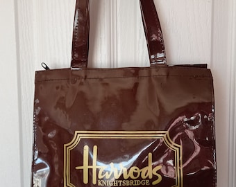 Harrods of London Tote Bag. Classic Gold on Brown Design. Gorgeous Vintage Gift. Zipped Fastening.