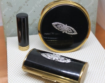 Kigu Luxurious Vanity Set for Her Powder Compact , Lipstick Case & Cigarette Case. Black Enamel and Marcasite. In Original Presentation Box