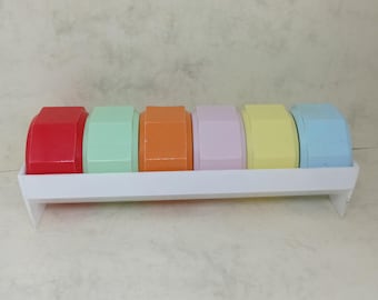Set of Six Brightly Coloured Napkin Rings on Stand. Early Plastic Type. c1950s. Mid Century Home Style. Multi Coloured Homewares