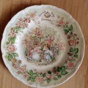 Puede incluir: Un plato redondo de cerámica con borde festoneado que presenta una ilustración de Brambly Hedge Summer. El centro muestra dos ratones cerca de una puerta, rodeados de flores rosas y hojas verdes. El texto dice Brambly Hedge Summer y Jill Barklem.