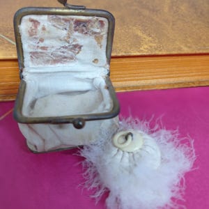 Embroidered Powder Puff Purse. Victorian Compact with swans-down puff. Ladies Cosmetic Essential c1870s. Floral Design on Lid.