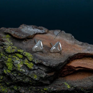 May include: Two small, silver triangle stud earrings. They are presented on a piece of textured, dark brown bark with green moss. The background is a dark blue.