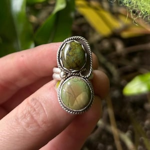 Hubei Turquoise Sterling Silver Ring: Olive Green Double Cabochon, Size 4.75