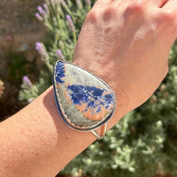 Large Sodalite Cuff bracelet sterling silver 925 handmade