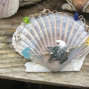 Sterling Sea Turtle with Yellow , Cobalt And Cornflower BlueAnd Lime Beach Glass Bracelet