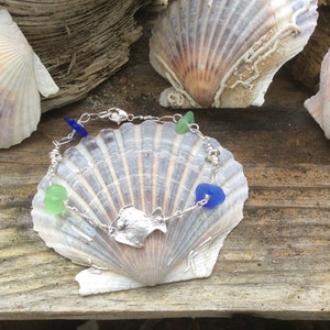 Sterling Silver small “ Cute Fish “With Cobalt And Lime Beach Glass Bracelet