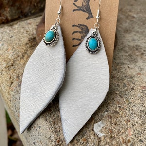 Western Cowhide Earrings w/ Turquoise Pendants, Gifts for her, Rodeo Earrings, Western Earrings, Cowgirl Earrings, Western Jewelry, punchy
